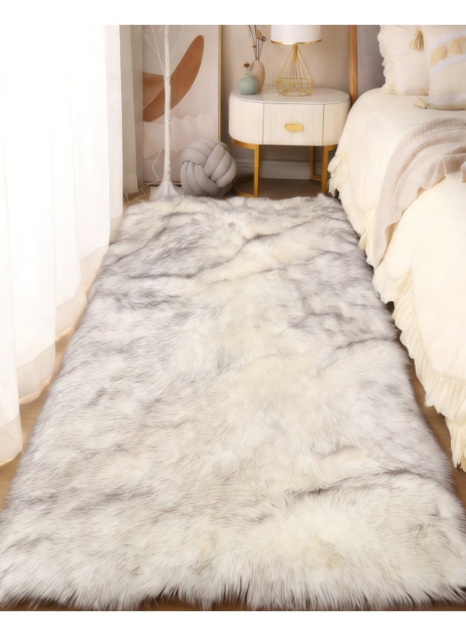 سجادة من جلد الغنم باللون الأبيض مع أطراف رمادية مقاس 60 × 180 سم، سجادة من جلد الغنم من فرو صناعي لغرفة المعيشة، سجاد رقيق قابل للغسل لغرفة النوم الفاخرة ديكور غرفة فروي سجاد مستطيل (Y2550) - Image 1